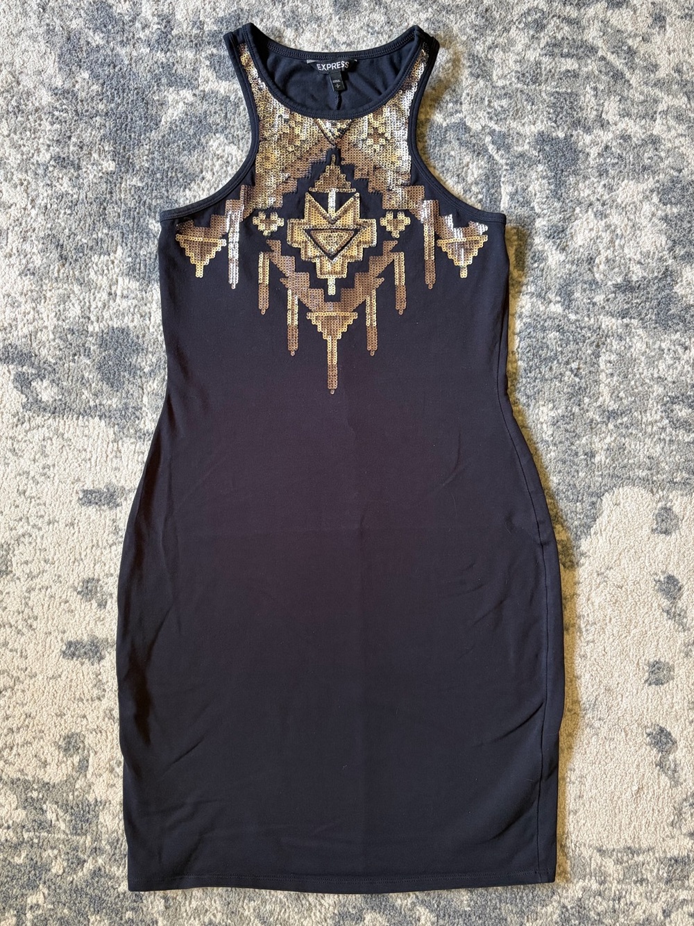 Express Black Bodycon Dress with Gold Sequin Design